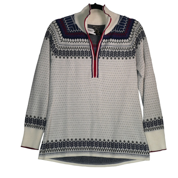 Eddie Bauer Sweater Women Large Ivory Blue Fair Isle 1/2 Zip Ski Holiday Party - Picture 7 of 8